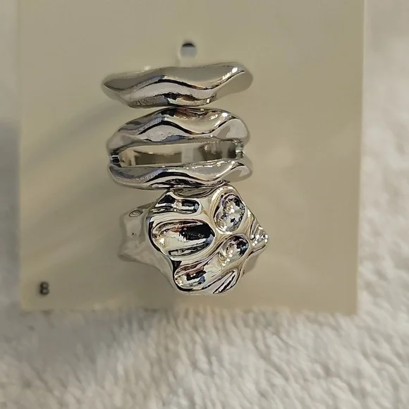 NWT Open Edit Set Of 3 Molten Rhodiun Rings Size 8 Silver - Picture 5 of 12